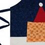 A detail of the christmas patchwork apron showing the main components , which are the blue and white panels, the red santa hat and the patch pocket.