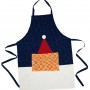 A blue and white patchwork apron project for christmas. It has a red Satan hat and a useful patch pocket.