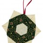 One of three Christmas tree decorations. This one is a gold coloured star with green detailing.