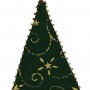 One of three Christmas tree decorations. This one is itself a Christmas tree, green with gold detailing in a red container.
