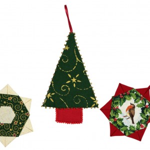 A really seasonal patchwork project. It consists of three small pieces; two star shapes and a Christmas tree shape each of which have loops for hanging on your tree.