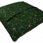 The rear side of the jockeys cap cushion cover which is finished in green with some printed gold decorative detailing.
