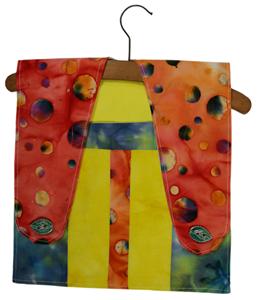 A very colourful peg bag seen here on a wooden clothes hanger.  this bag uses some very unusual buttons based on a leaf pattern