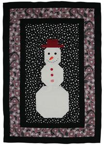 Shows a very seasonal white snowman surrounded by falling snow.  It has a black and border with some details.