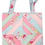 The string pieced tote bag in pastel shades of pink, blue and green.